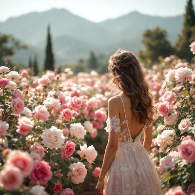 The primary subject of the image is a woman standing in a field of pink flowers. The setting is a beautiful garden with a mountain in the background. The visual style is a photo, capturing the woman's elegant pose and the vibrant colors of the flowers. The overall atmosphere is serene and picturesque, with the woman appearing to be enjoying her time in the garden.